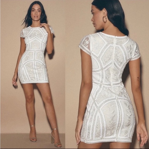 White Art Deco Sequins Bodycon Mini Dress 🌿 - Picture 3 of 10